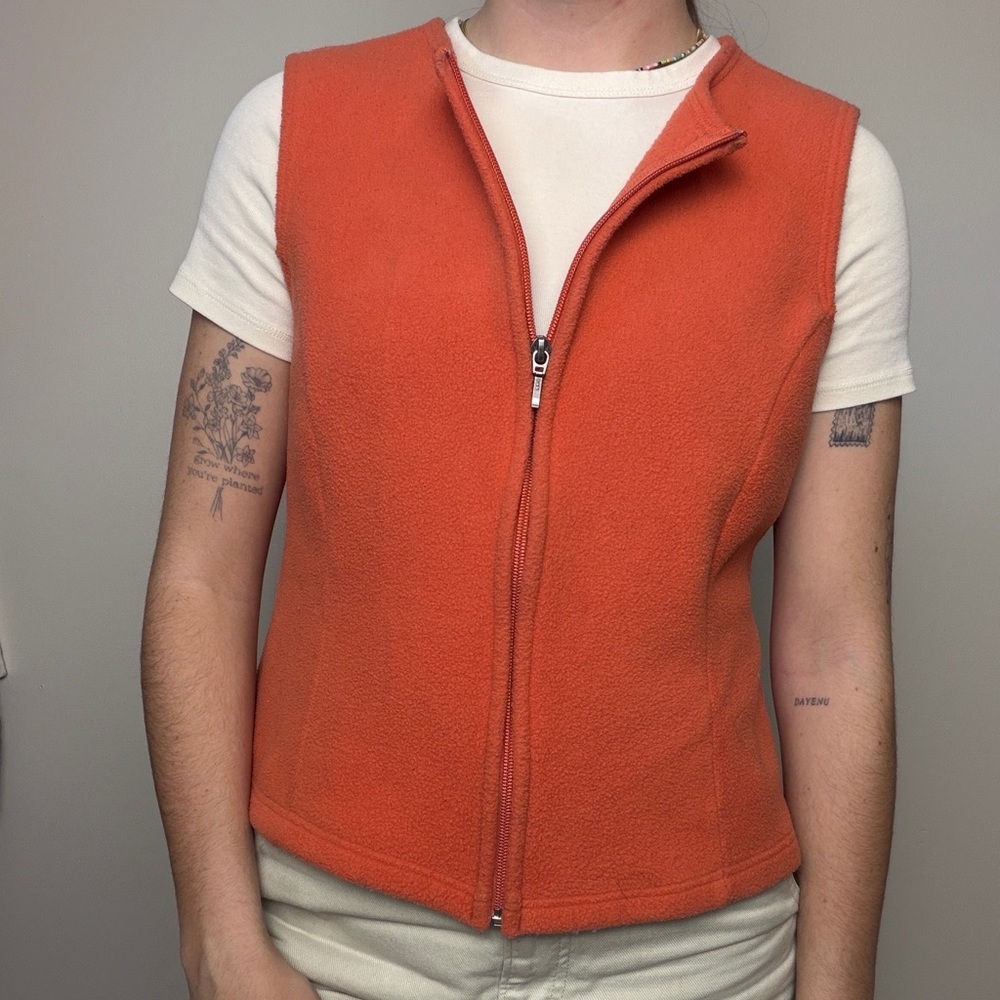 VINTAGE LL BEAN fleece coral/pink collarless full zip vest size medium